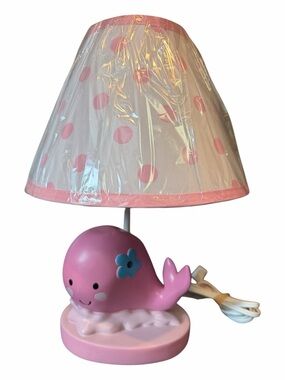 Lambs & Ivy Nursery Lamp With Pink Polka Dot Shade Splish Splash Whale Sea decor